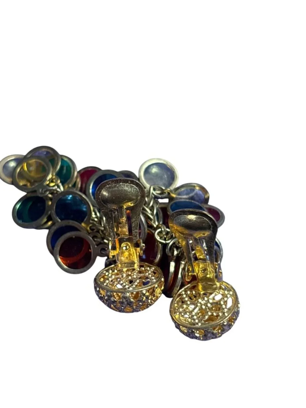 Vtg Clip On Dangle Earrings Goldtone Filigree Multicolor Disks Cluster 2 inches